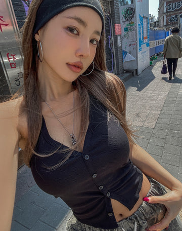 Aine Ribbed Button Holter Sleeveless (+With Cup)